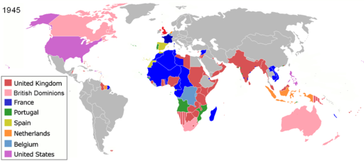 World map of colonialism at the end of the Second World War in 1945